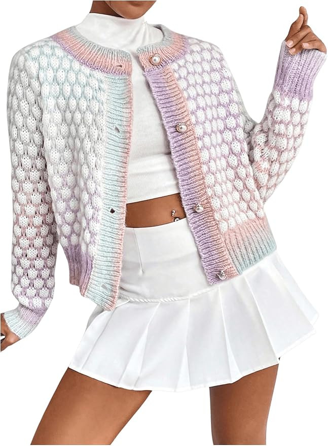 GORGLITTER Women's Button Up Colorful Cropped Cardigan Sweater Cute Long Sleeve Casual Knit Outwe... | Amazon (US)