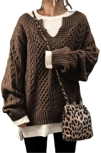 chouyatou Women's Winter Chunky V Neck Long Sleeve Loose Cable Knit Sweater Pullover | Amazon (US)