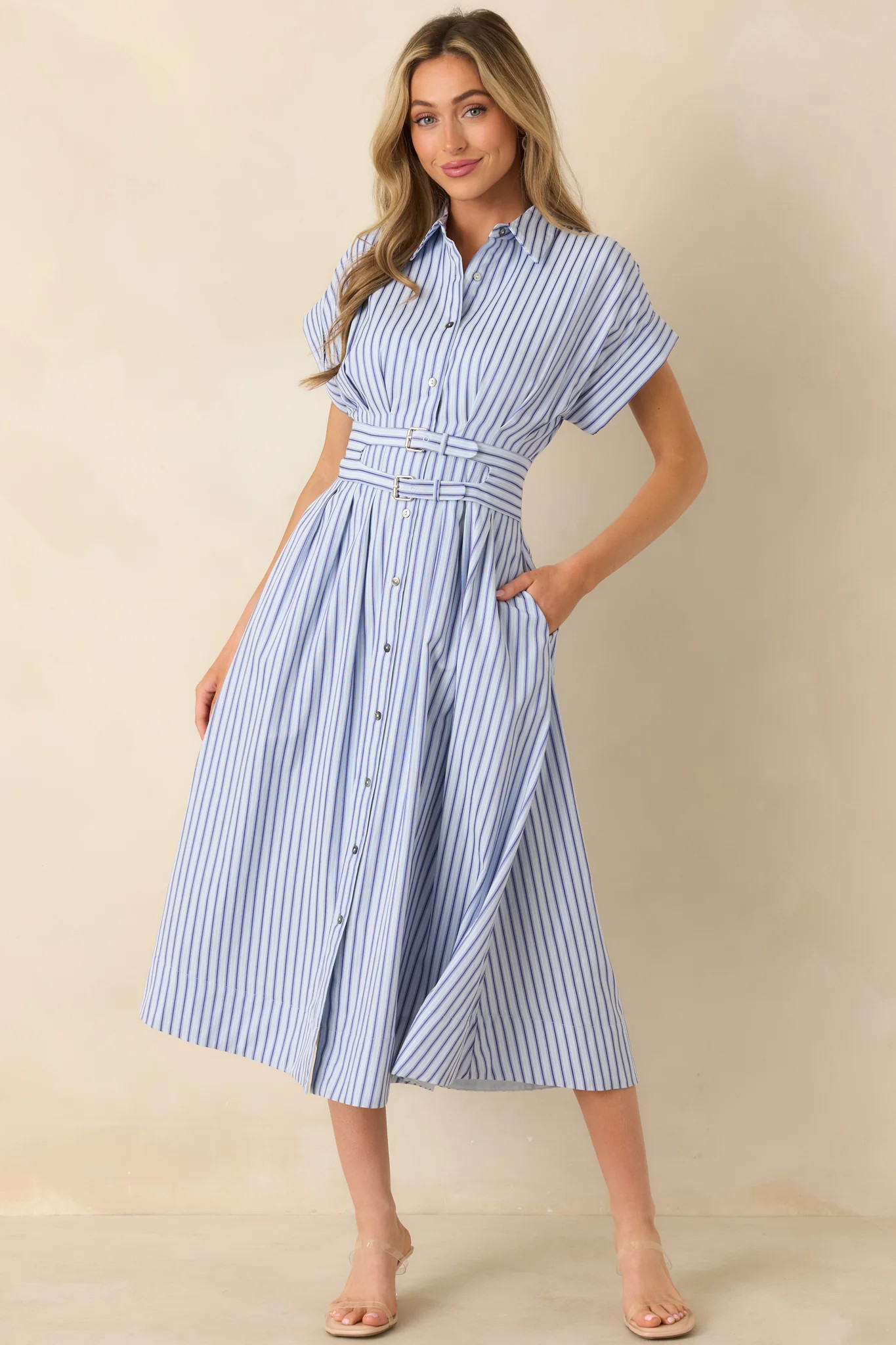 What’s to Come Blue Stripe Belted Button Front Midi Dress | Red Dress