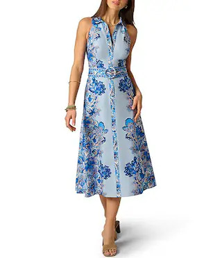 Adrianna Day by Adrianna Papell Printed Sleeveless Belted Shirt Midi Dress | Dillard's