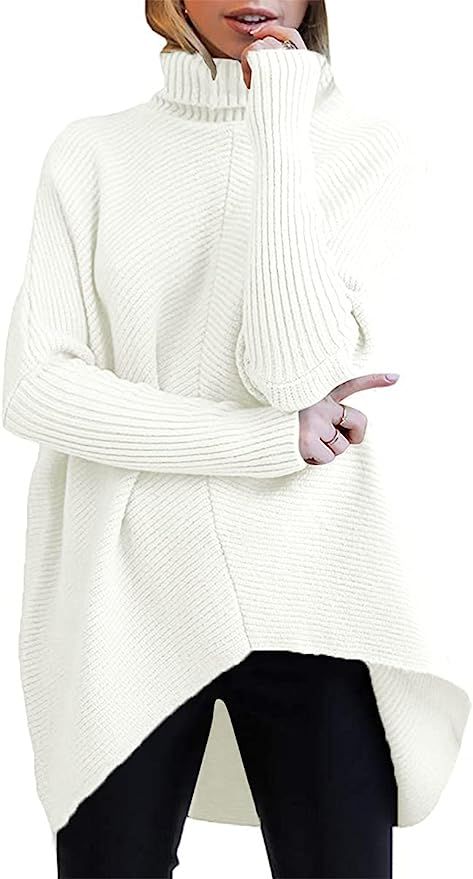 ANRABESS Womens Turtleneck Long Batwing Sleeve Asymmetric Hem Casual Pullover Sweater Knit Tops | Amazon (US)