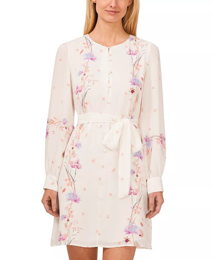 CeCe Women's Floral Print Button Front Tie Waist Sheath Dress - Macy's | Macy's