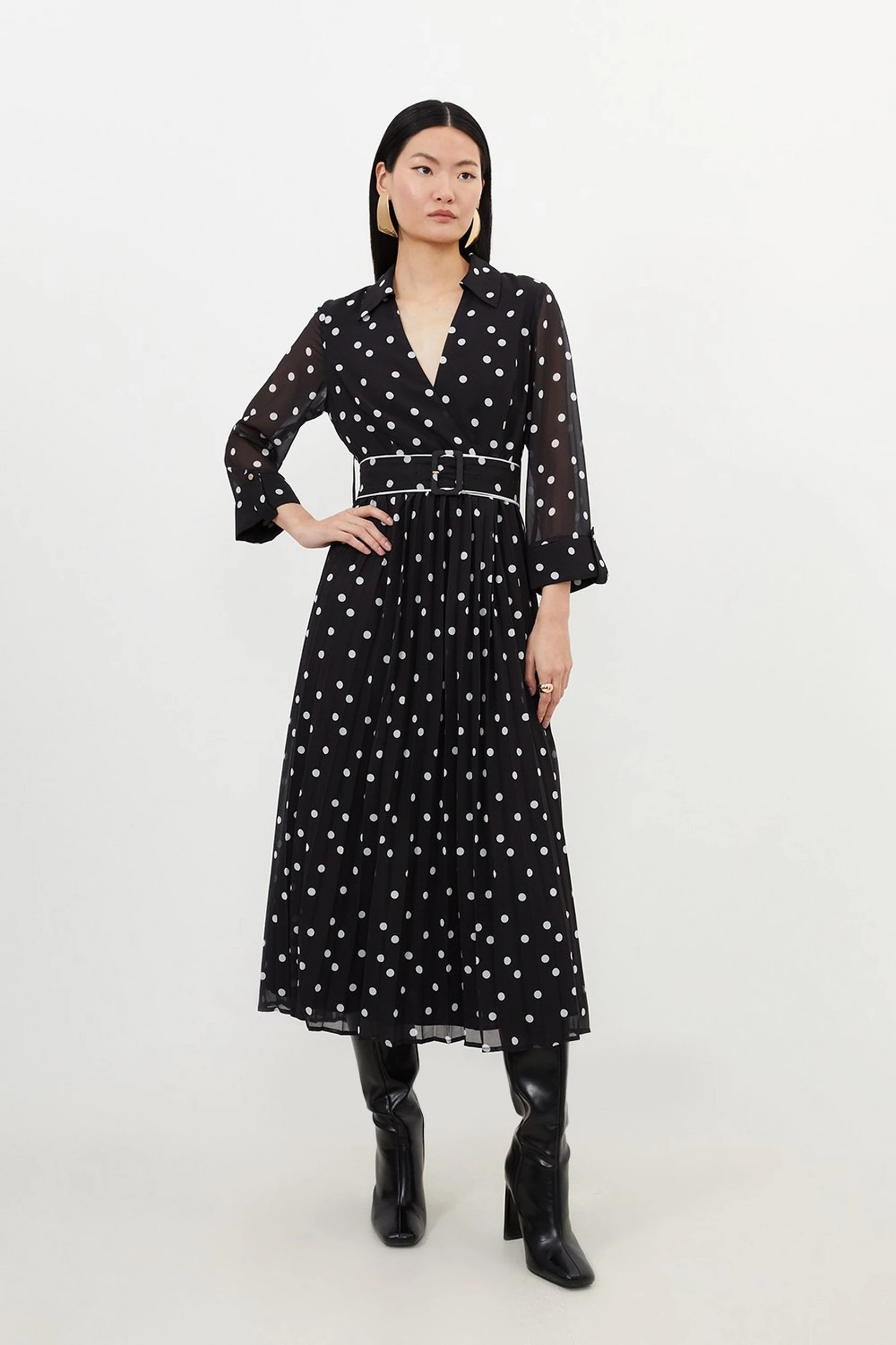 Pleated Contrast Georgette Spot Woven Midi Dress | Karen Millen UK + IE + DE + NL