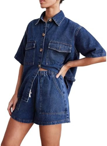 Molilove Women's Denim 2 Piece Outfits Short Sleeve Button Down Shirt Drawstring Shorts Set Casua... | Amazon (US)