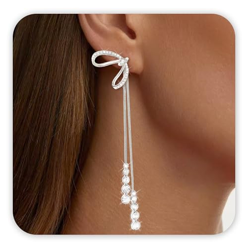 Trinckle Silver Bow Earrings for Women Silver Rhinestone Earrings, Sparkly Silver Drop Earrings Tassel Bow Earrings Prom Gifts, Ribbon Statement Dangle Earrings for Girls as Bridal Wedding Bow Jewelry | Amazon (US)