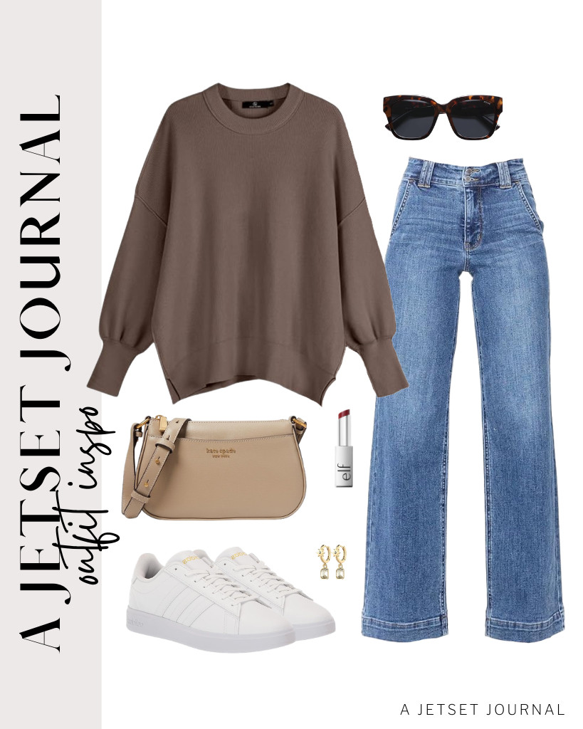 Achieve the cozy look with this brown sweatshirt and trendy wide-leg jeans, paired perfectly with Adidas tennis shoes. I absolutely adore this charming Kate Spade crossbody bag. It complements the look beautifully and enhances the vibe! 

 #LTKSeasonal #LTKSaleAlert #LTKTravel