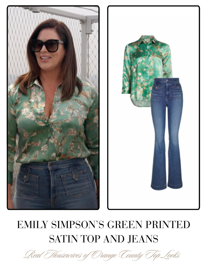 Emily Simpson's Green Printed Satin Top and Jeans 

 