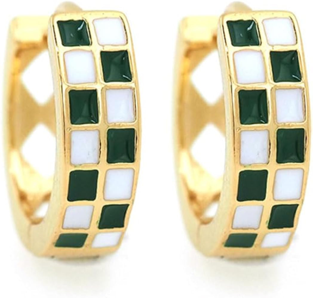 Checkered Earring For Women, Dainty Circle Checker Hoop Earrings, 18K Gold Plated Filled Enamel C... | Amazon (US)