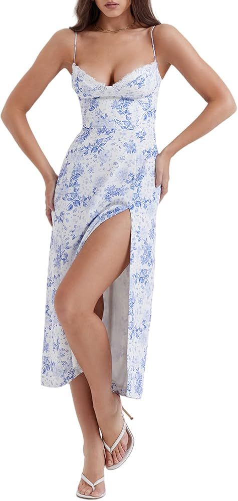 Yuemengxuan Maxi Dress for Women Floral Lace Edge Sexy Satin Dress Square Neck Strap Bodycon Dres... | Amazon (US)