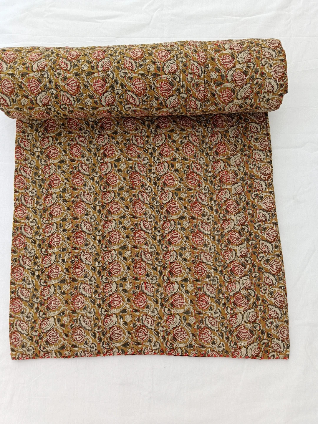 Moody floral kantha quilt Handblock Print  floral Kantha Indian Netural Colour Indian inspired Be... | Etsy (US)