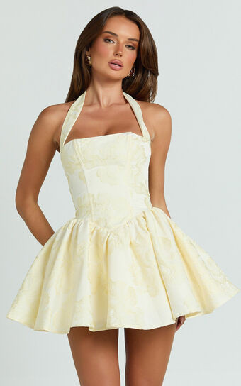 Maddy Mini Dress - Square Neck Halter Fit And Flare Dress in Lemon | Showpo (US, UK & Europe)
