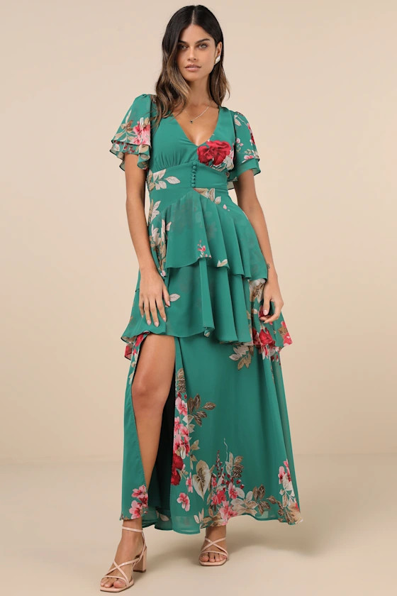 Midnight Mood Teal Green Floral Print Tiered Maxi Dress | Lulus