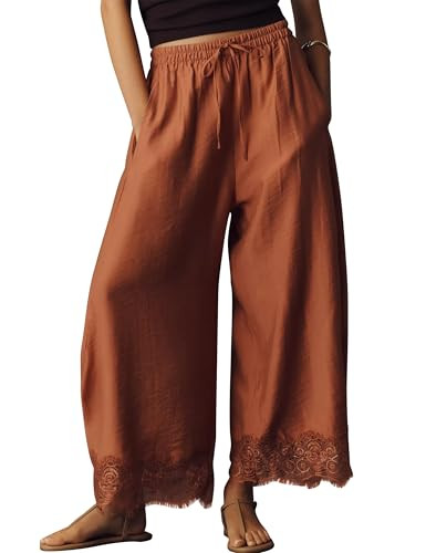 Anoumcy Lace Trim Wide Leg Pants for Women 2026 Spring Summer Cropped Lightweight Casual Pants | Amazon (US)