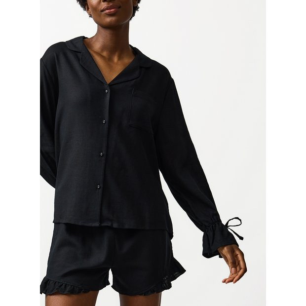Black Frill Sleeve Shortie Traditional Pyjamas with Linen 14 | Tu Clothing