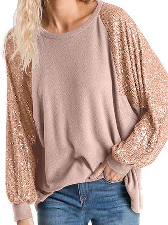 ALLTB Women's Sequin Tops Sparkle Long Sleeve Blouses Shimmer Glitter Sweatshirt Party Crewneck L... | Amazon (US)