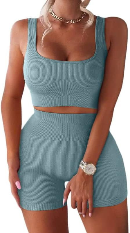 FAFOFA Workout Sets for Women 2 Piece Seamless Ribbed Crop Tank High Waist Shorts Yoga Outfits | Amazon (US)