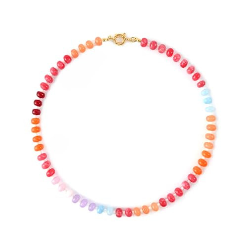 Hoifu Boho Multicolor Beaded Gemstone Necklaces for Women,Natural Stone Rainbow Colorful Bead Choker, Handmade Summer Beach Jewelry Gift for Lover (Rainbow-02) | Amazon (US)