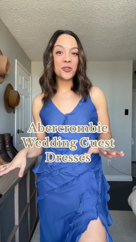 #ad Abercrombie wedding guest dresses try-on! All dresses fit true to size, I am typically a size 8 and I got a medium in all dresses!

1. Blue strappy ruffled midi dress. I’m wearing a size medium. 

2. Green and white patterned strappy maxi dress. I have a size medium. 

3. Black off the shoulder form-fitting midi dress. I have a size medium. 

4. Light blue satin midi dress with a v-neck and cowl back. I have a size medium. 

5. Green satin drop waisted pleated gown. I have a size medium. 

Shoes: Straw platform heels. 

@abercrombie #abercrombiepartner 


#LTKVideo #LTKwedding #LTKSeasonal