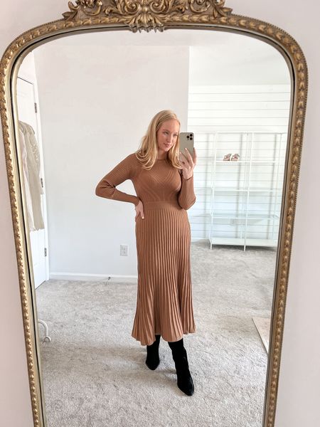 Long sleeve pleated midi dress (s) styled with black boots. Part of my most recent Express try-on. 

Fall workwear outfit // fall family photos 

#LTKstyletip #LTKworkwear #LTKshoecrush