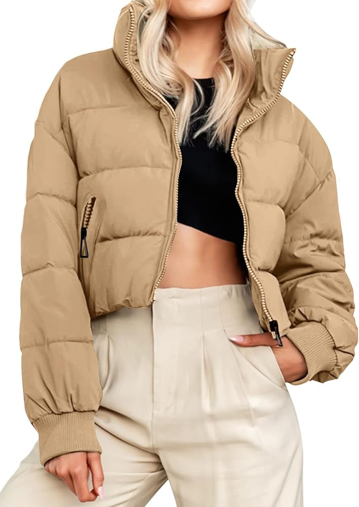 MEROKEETY Women's Winter Cropped Puffer Jacket Long Sleeve Oversized Stand Collar Zip-Up Short Do... | Amazon (US)