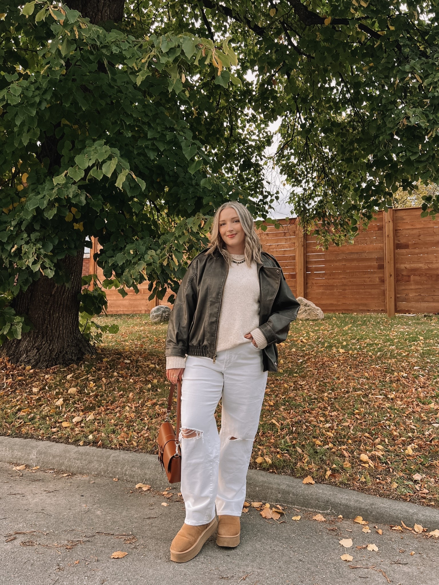 Casual fall outfit! Wearing my usual size L in the leather jacket (color is dark coffee), sized up to XL in the super soft sweater for an oversized fit. Ugg look for less boots are Amazon, I’m usually a 9.5-10 and wear a 10. Linked this year’s version of my jeans (no rips), wearing a 14 for a super baggy fit. Canadian Old Navy links under similar products


#LTKmidsize #LTKfall #LTKstyletip