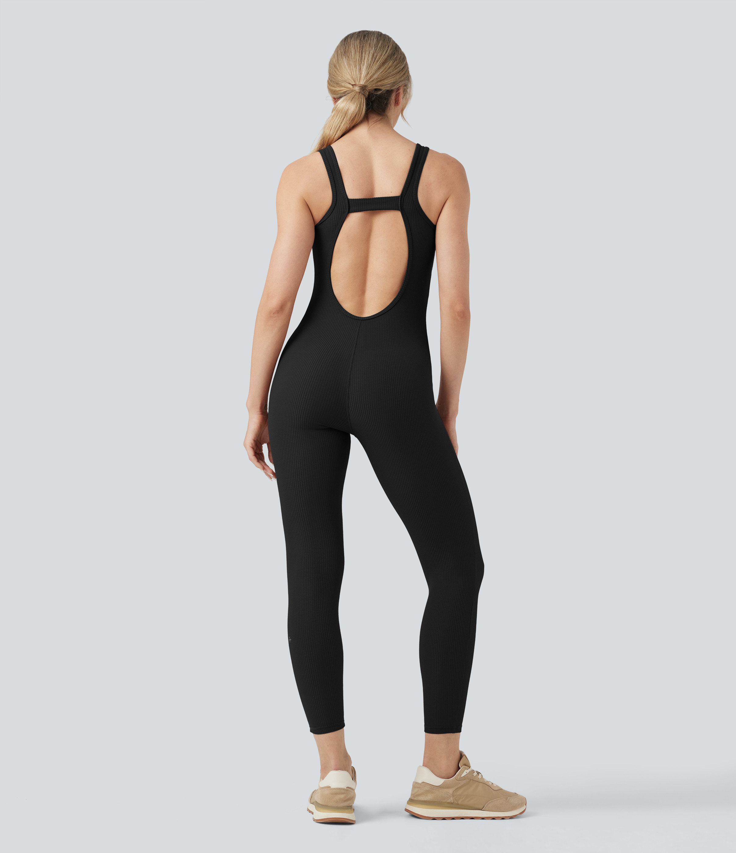 Halara Ribbed Square Neck Cut Out Workout Jumpsuit Workout Dress - Black - XL(7/8) | HALARA