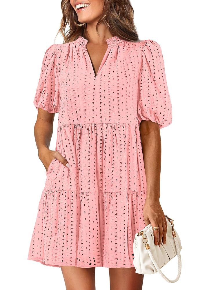 KIRUNDO Eyelet Summer Dresses for Women 2025 Mini Casual Hollow Out Short Sleeve Lace Tiered V Ne... | Amazon (US)