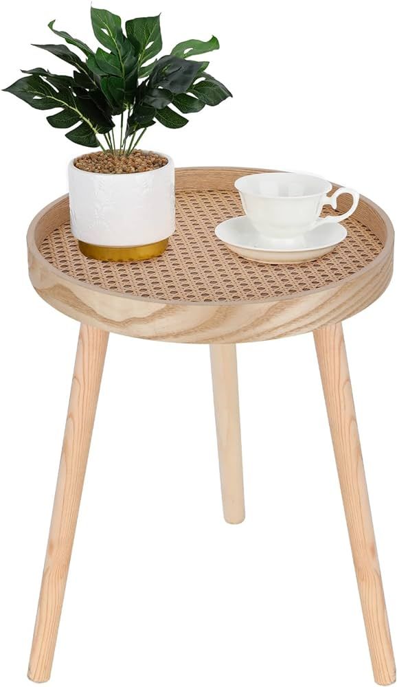 Small Side Table, Rattan Nightstand, Round End Table, Boho Bedside Table, Accent Table, Mid-Centu... | Amazon (US)