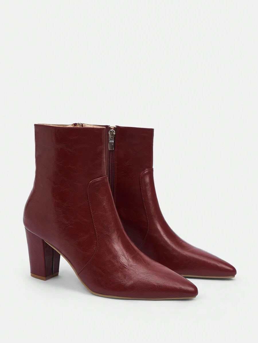 CUCCOO BIZCHIC Women's New Fashion Simple Versatile Commute Work Street Side Zipper Maroon Boots ... | SHEIN