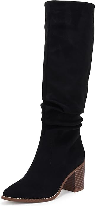 Huiyuzhi Womens Pointed Toe Mid Chunky Heel Side Zipper Knee High Boots Tall Booties | Amazon (US)