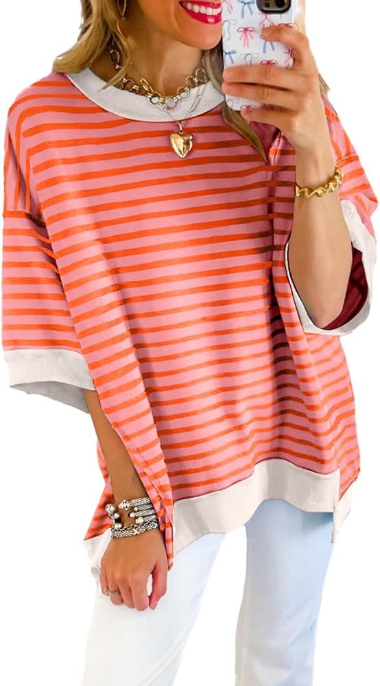Chvity Women Stripe Colorblock Oversized T Shirt Exposed Seam High Low Pullover Crewneck Short Sl... | Amazon (US)