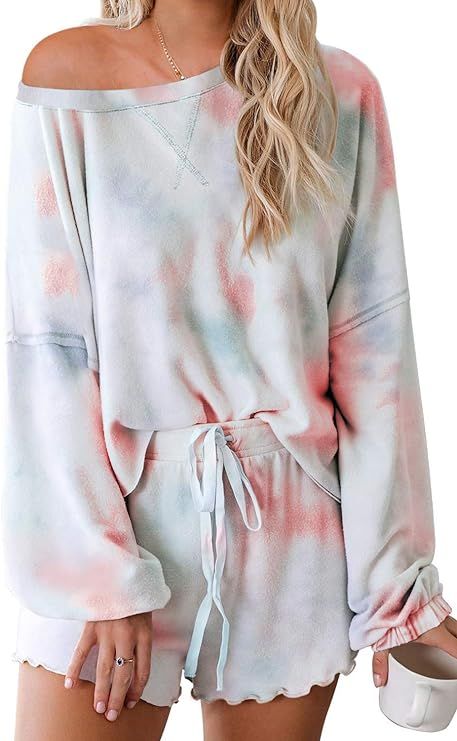 Lopie Womens Lounge Sets 2 Piece Pajamas Set Long Sleeve Tops and Shorts Sleepwear Tie Dye Printe... | Amazon (US)