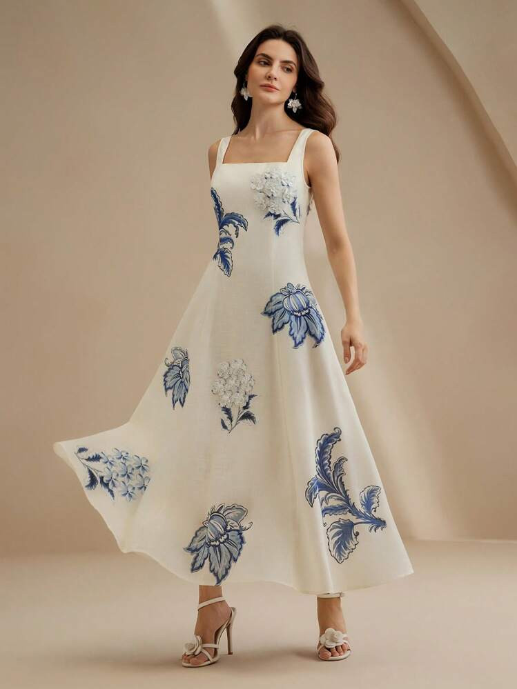 Anewsta Elegant Floral Print Slip Dress With Embroidered 3D Flowers, Floor Length | SHEIN