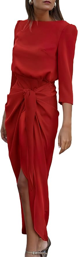 Glamaker Women’s Satin Long Sleeve Formal Dress Tie Front Elegant Pencil Midi Dress | Amazon (US)