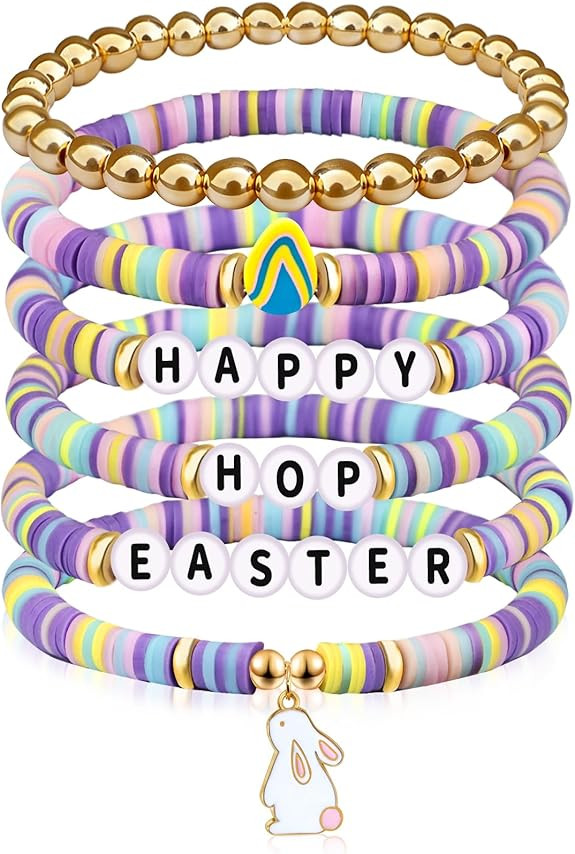 Easter Basket Gifts for Women Happy Hoop Easter Bunny Bracelet Clay Bead Stackable Stretch Bracel... | Amazon (US)