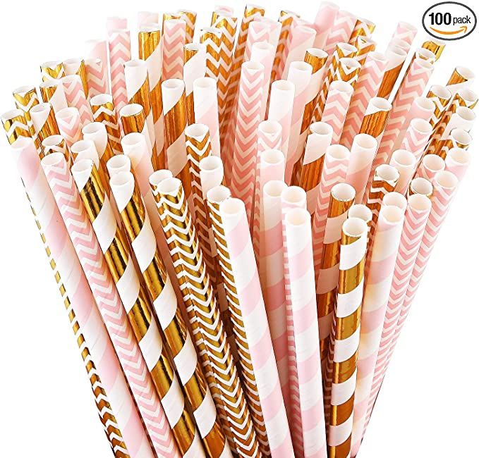 ALINK Biodegradable Paper Straws, 100 Pink Straws / Gold Straws for Party Supplies, Birthday, Wed... | Amazon (US)