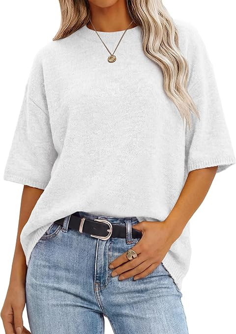 ANRABESS Short Sleeve Sweater for Women Oversized Lightweight Casual Work Top Shirts Knit Crewnec... | Amazon (US)