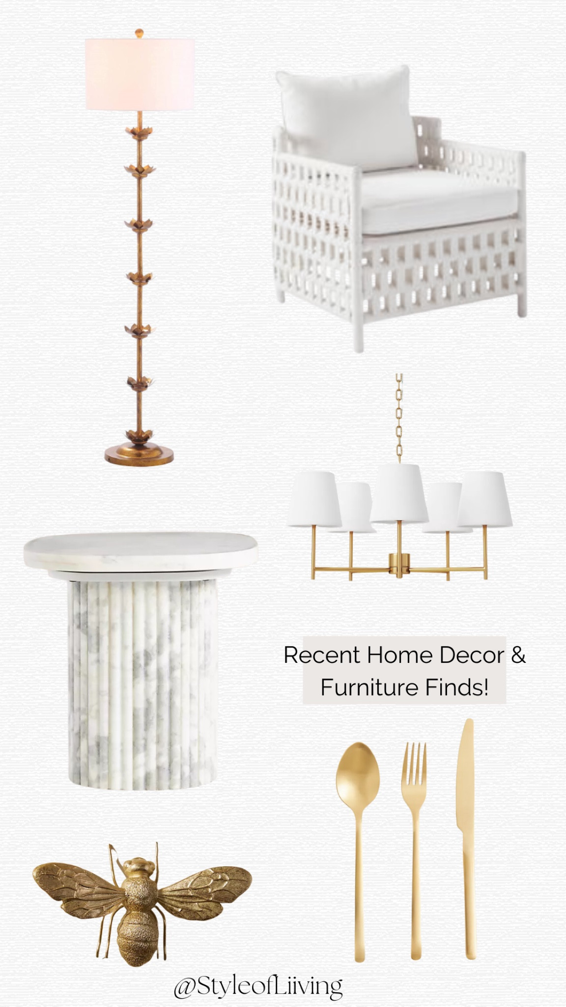 Home decor and furniture finds! Marble side table, gold floor lamp, white accent chair, affordable chandelier, utensils gold, bumblebee decorative object.

#LTKstyletip #LTKFind #LTKhome
