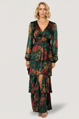 Montrouge Tiered Satin Dress | Emerald Floral | Baltic Born