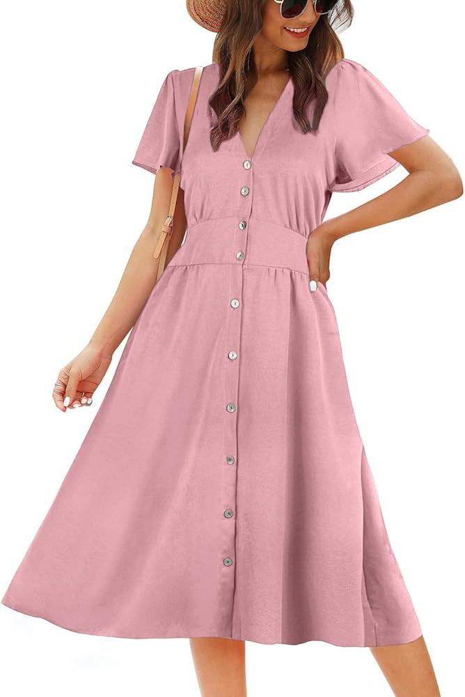 ROYLAMP Women's Floral Button Up Split Dress Deep V Short Bell Sleeve Casual Midi Dress with Pock... | Amazon (US)