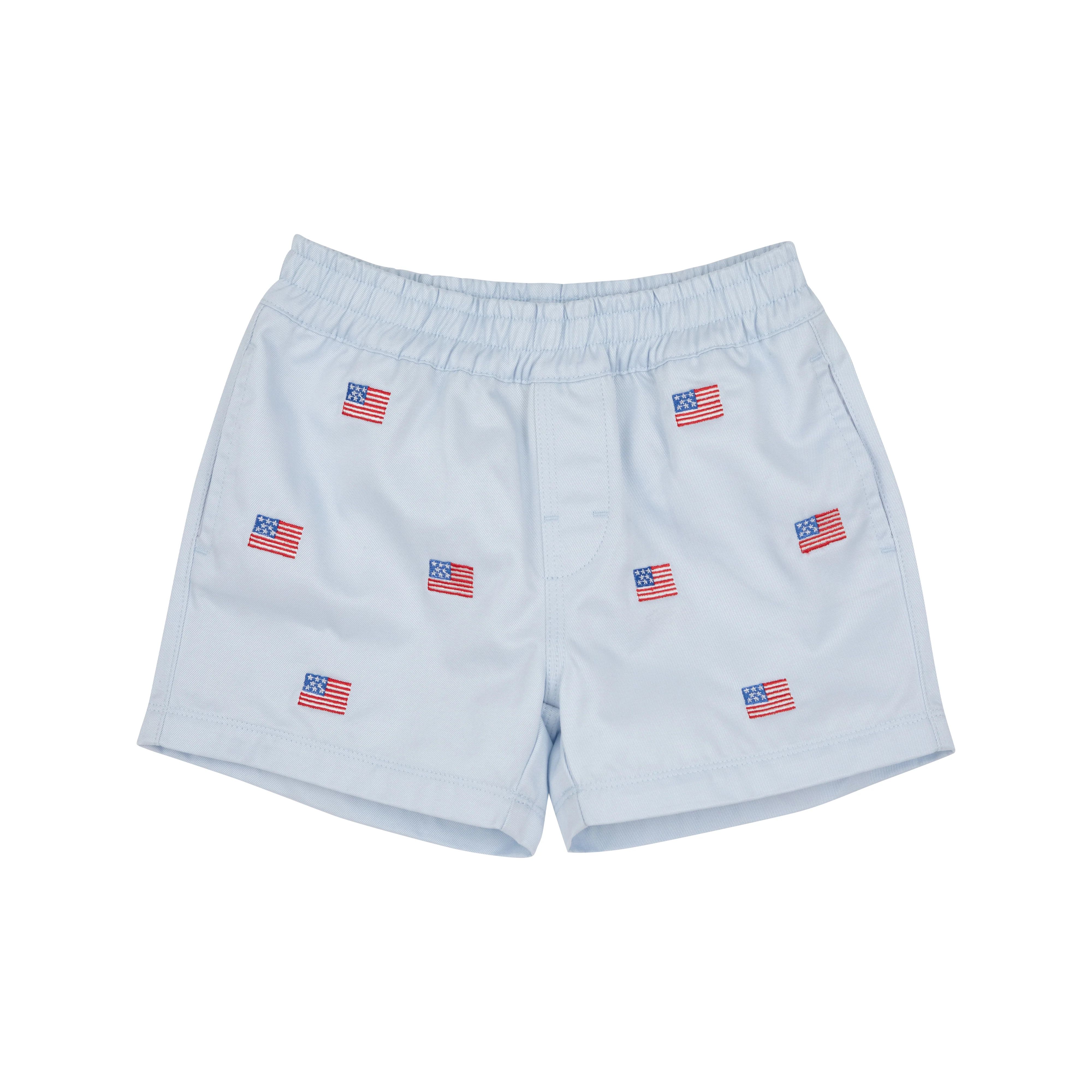 Critter Sheffield Shorts - Buckhead Blue & American Flag Embroidery with Multicolor Stork | The Beaufort Bonnet Company