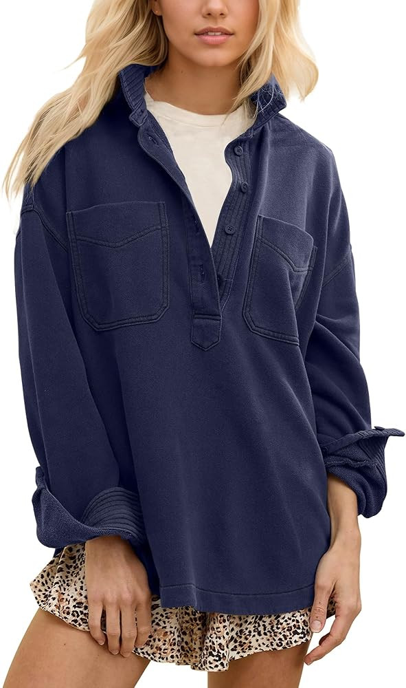 Gacaky Sweatshirt for Women Oversized Casual Long Sleeve Polo V Neck Split Pullover Tops Fashion ... | Amazon (US)