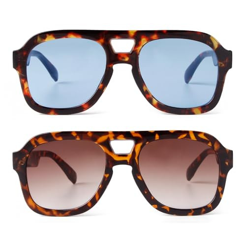 JUDOO Retro Aviator Sunglasses for Women Men Trendy 70s Oversized Square Aviators Sunnies, 2 Pack : Tortoiseshell Frame Blue Lense & Brown Lens | Amazon (US)