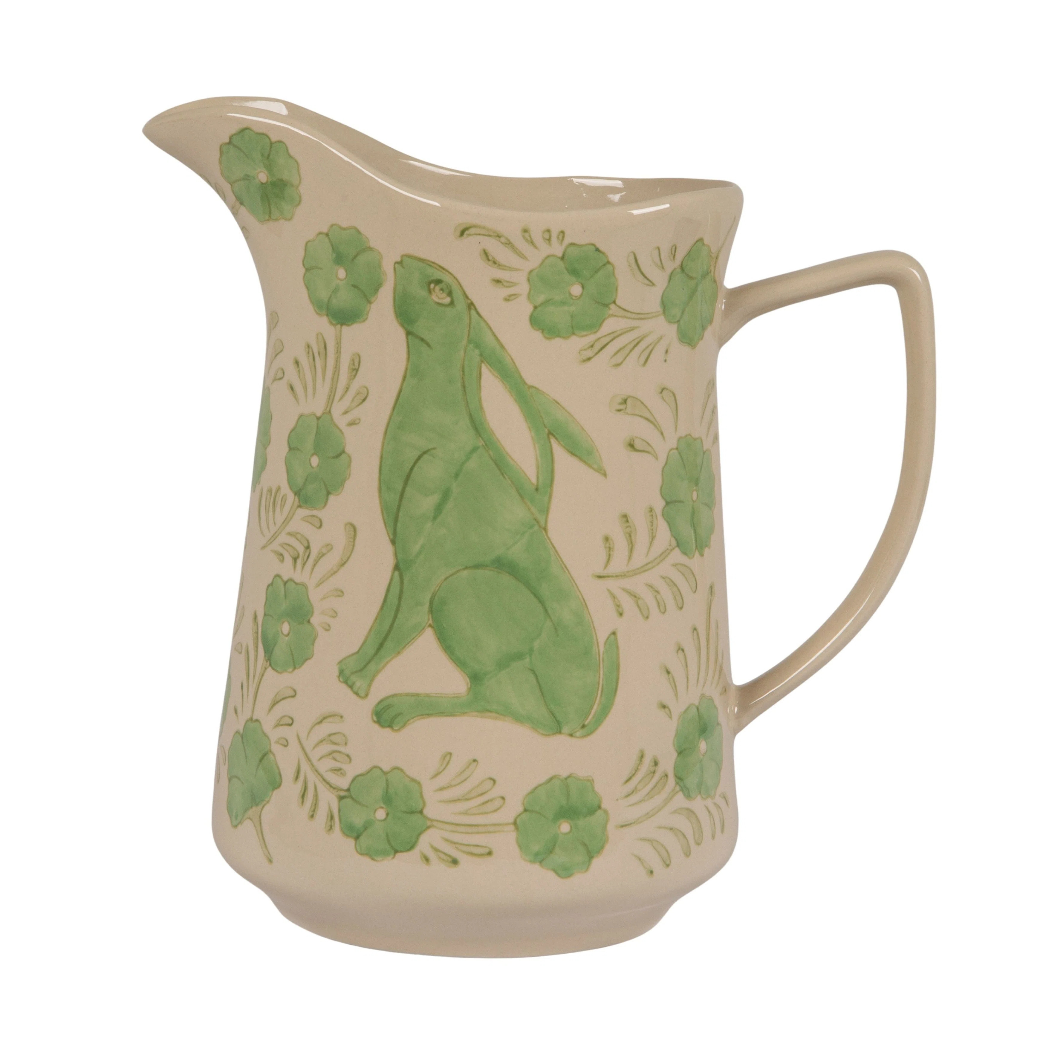 Hand-Painted Stoneware Pitcher with Rabbit and Floral Motif | Wayfair North America