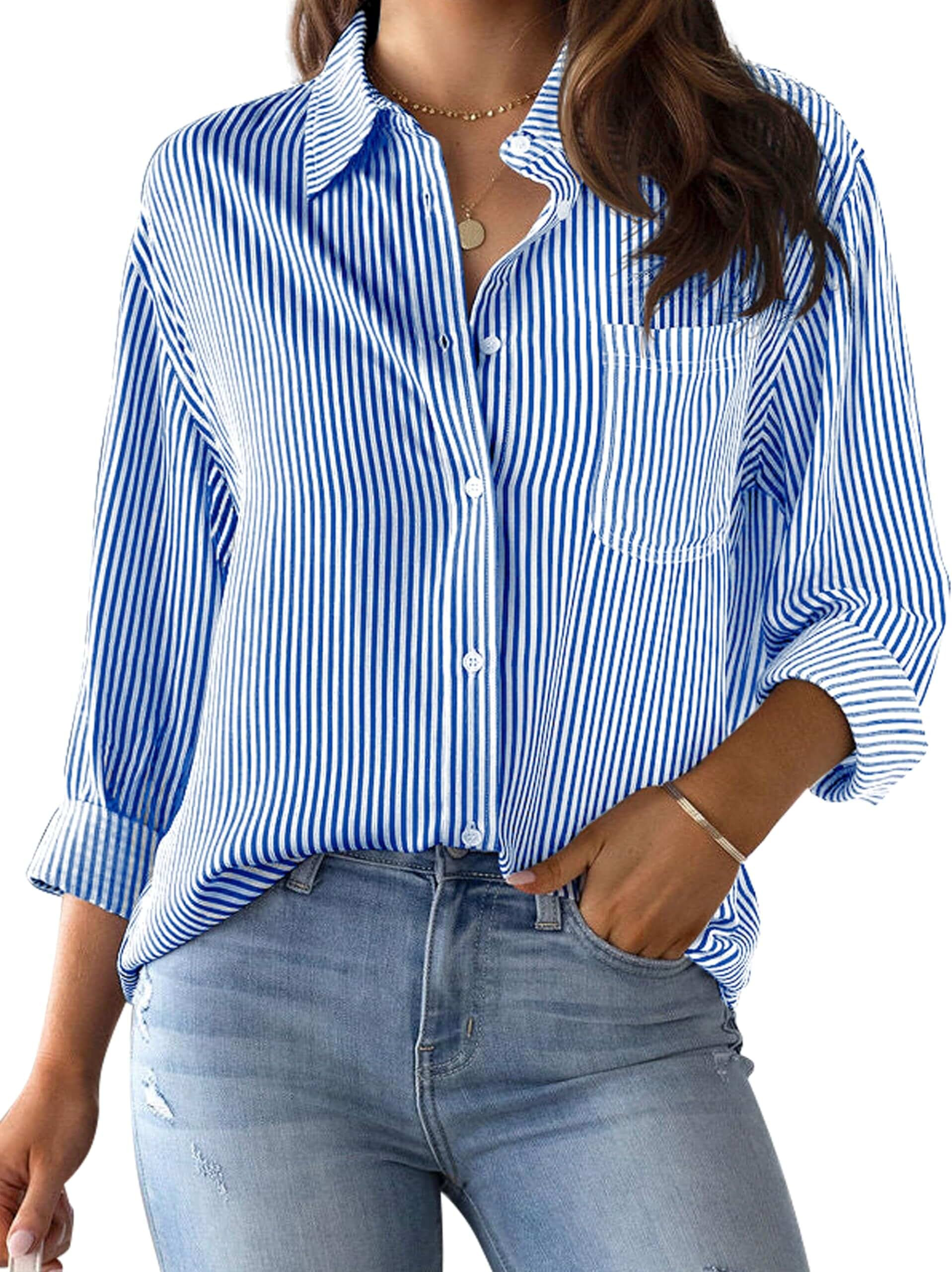 CUNLIN Grade 4 Wrinkle-Resistant Women's Button Down Shirts Striped Long Sleeve Collared Blouses Tops with Pocket | Amazon (US)