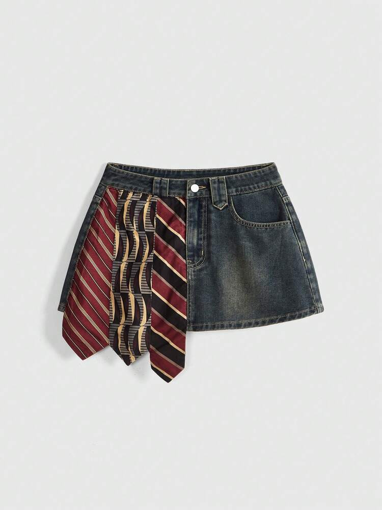 ROMWE Avant Retro Baddie College Style Low Waist Women Denim Mini Skirt | SHEIN