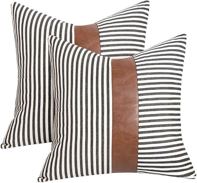 Farmhouse Decoration Pillow Covers 18x18 inch Set of 2 Modern Faux Leather and Ticking Stripe Pil... | Amazon (US)