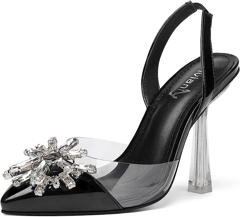 vivianly Clear Pointed Toe Pumps Stiletto Heels Crystal Rhinestones Slingback Ankle Strap High He... | Amazon (US)