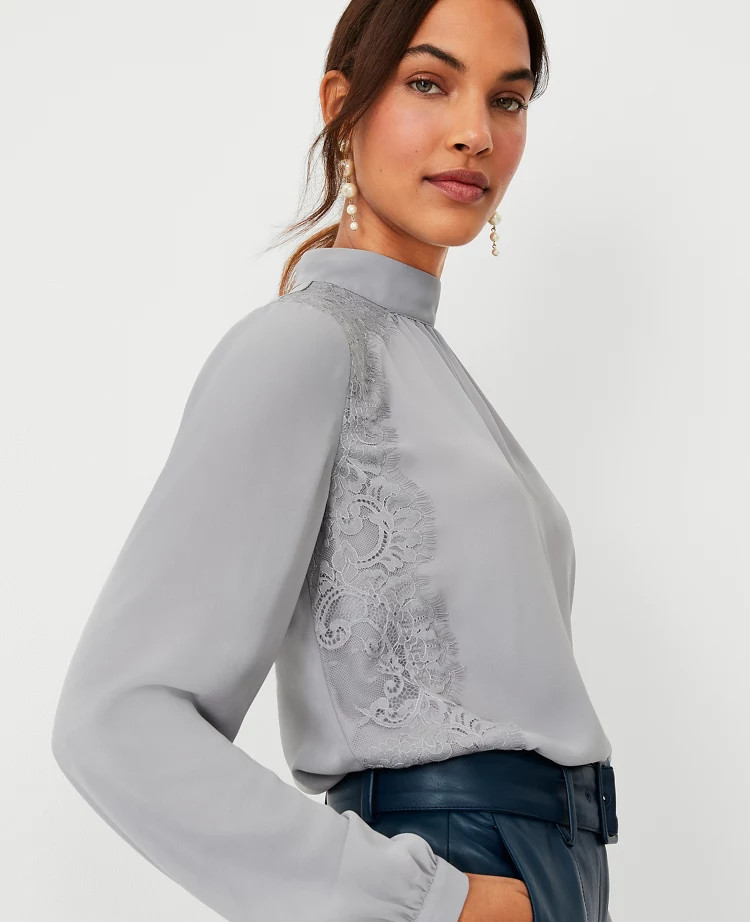 Lace Trim Mock Neck Blouse | Ann Taylor (US)