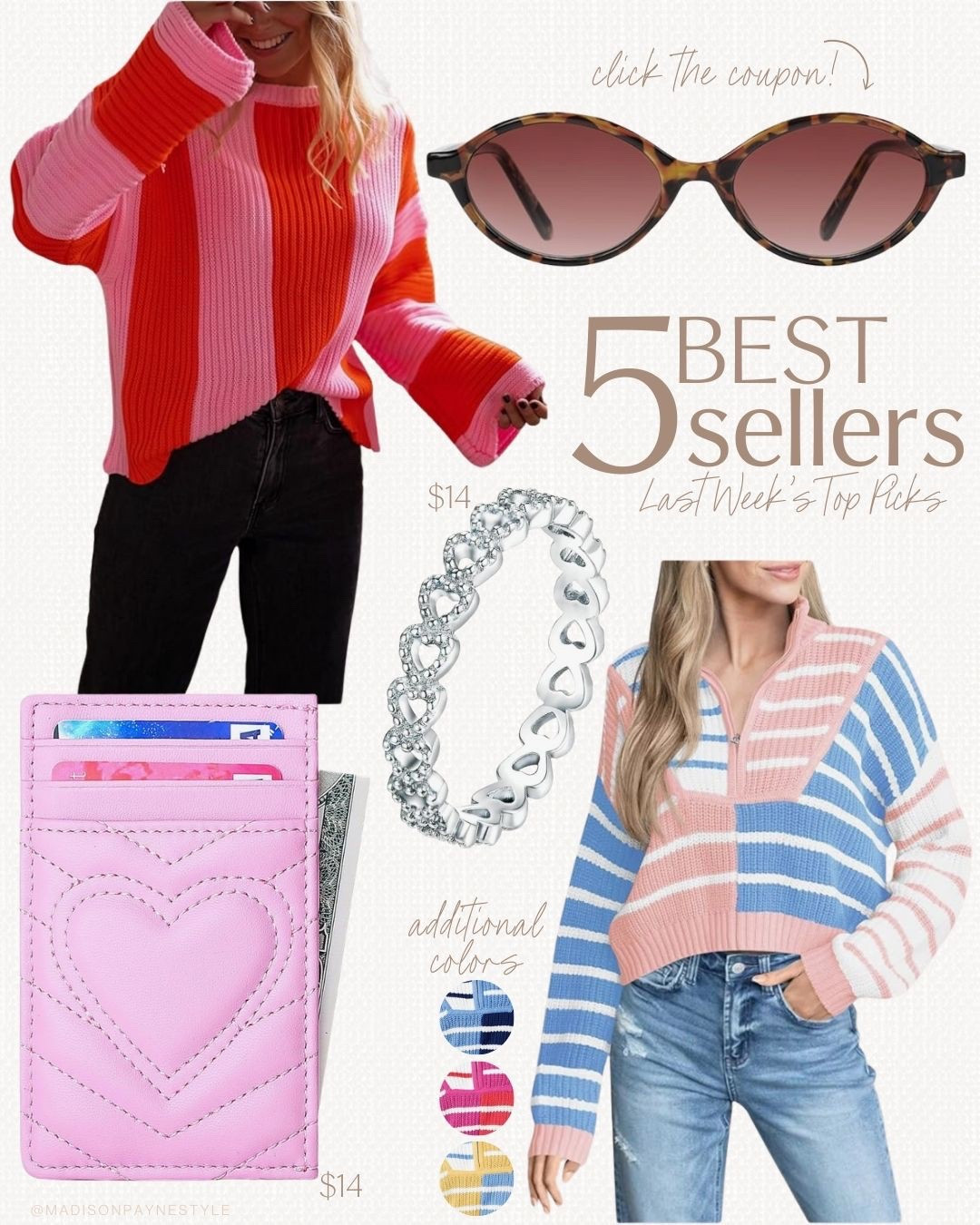 Amazon sunglasses 🕶️ were a best seller last week🥰 they are also a look for less for Miu Miu sunglasses! Best sellers also include a pink and red stripe sweater, a $14 heart wallet, a Pandora ring look for less for $15, and a pink and blue stripe sweater that is also a designer look for less✨

Sunglasses, Miu Miu, Amazon sunglasses, Amazon sweater, Amazon wallet, Amazon jewelry, Amazon ring, pandora, look for less, Madison Payne 

#LTKStyleTip #LTKFindsUnder50 #LTKSeasonal